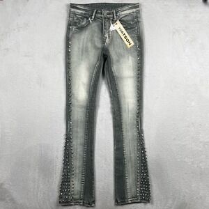 Watson Stacked Jeans Mens 28x33 Slim Gray Denim Studded Flare Punk Metal